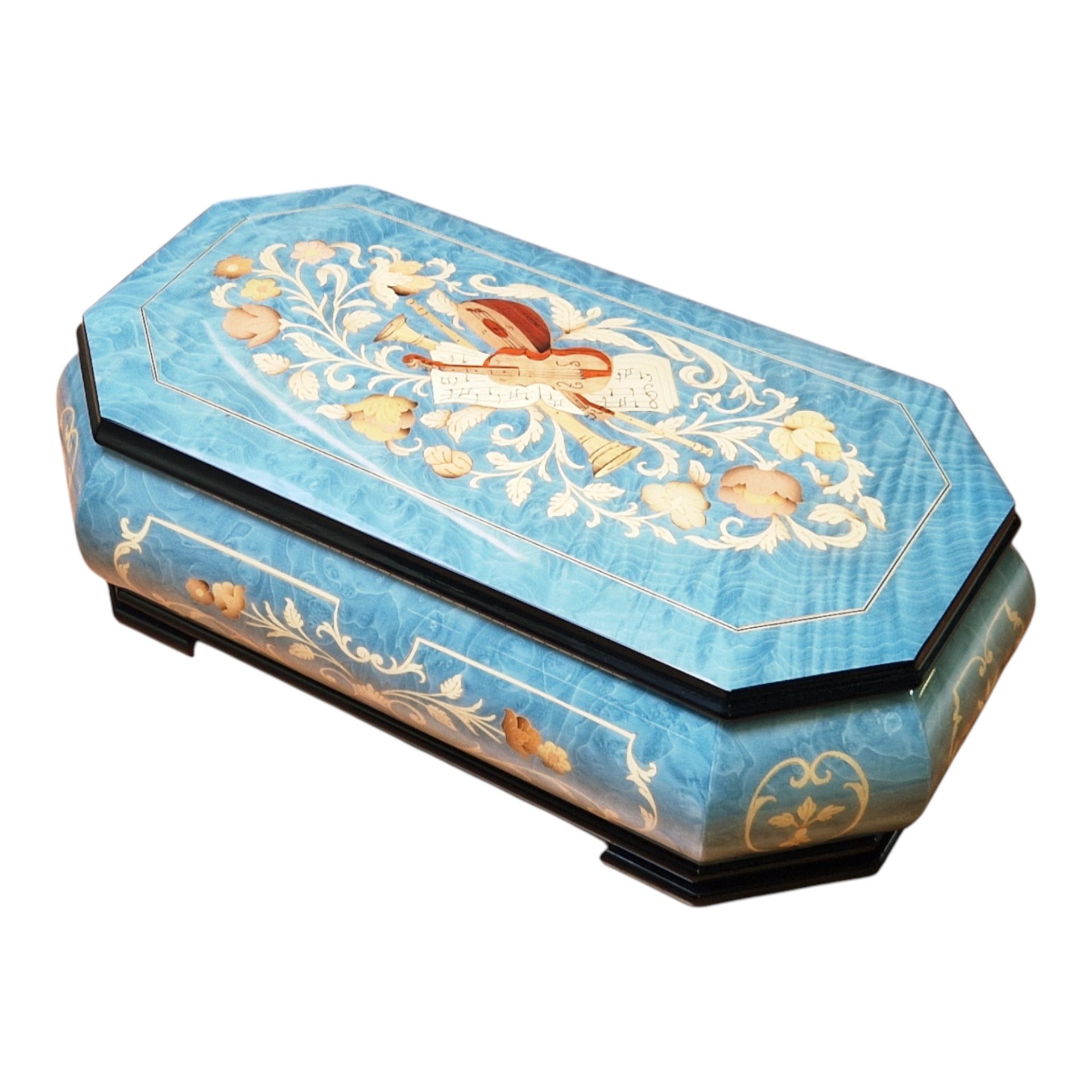 Large Handcrafted Wooden Blue Maple Burl Musical Jewellery Box with Marquetry Inlay - Image 9