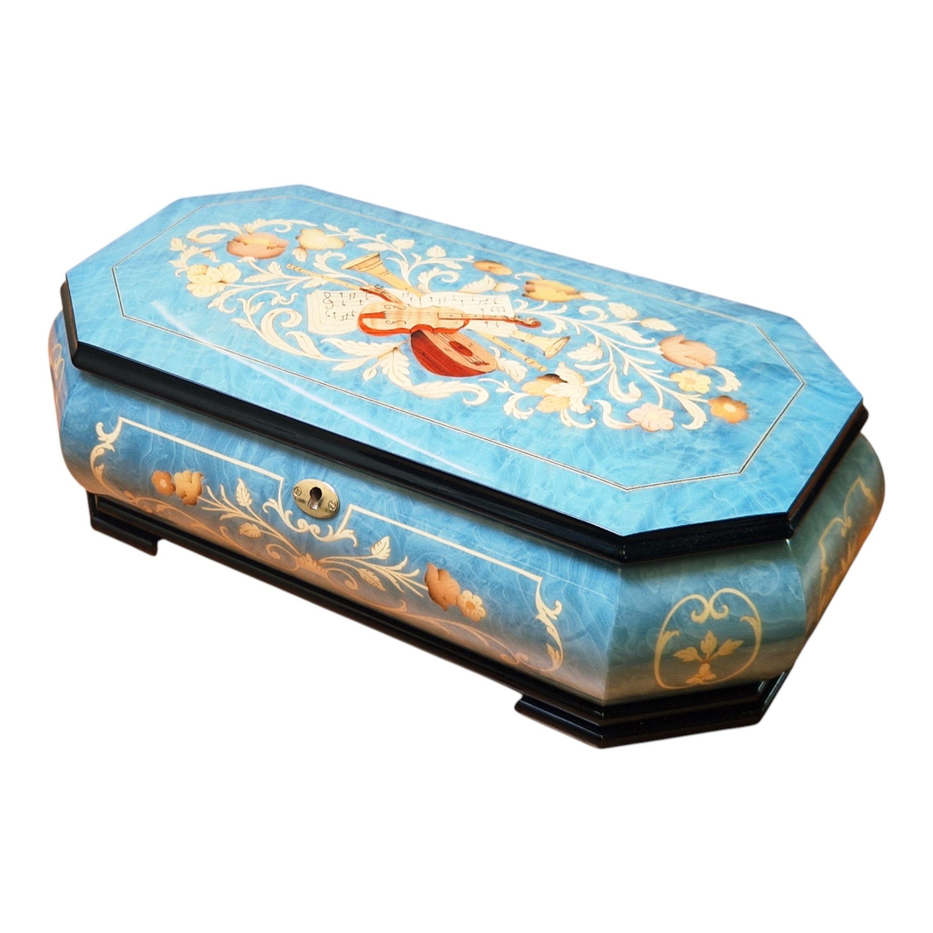 Large Handcrafted Wooden Blue Maple Burl Musical Jewellery Box with Marquetry Inlay - Image 7