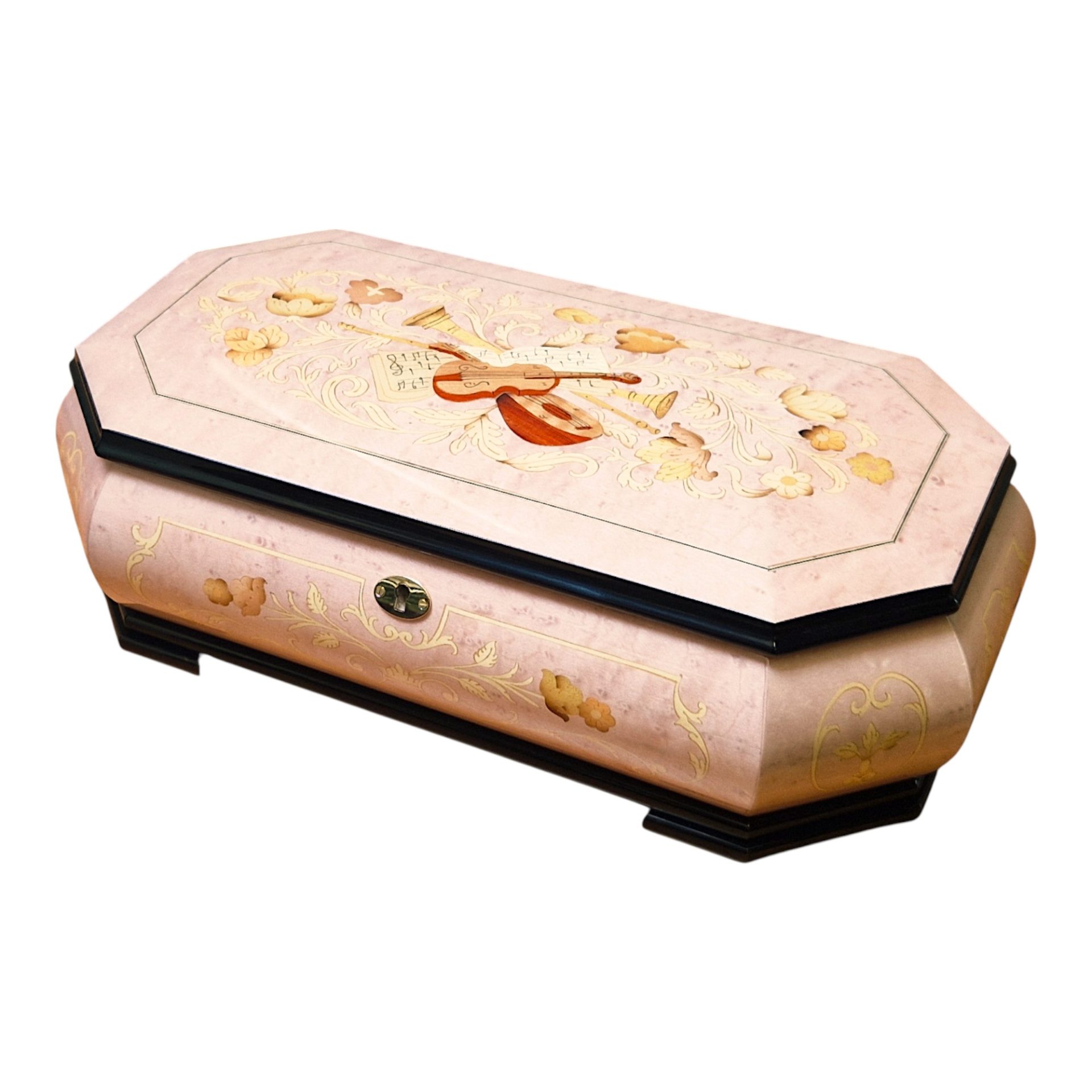 Large Handcrafted Wooden Pink Maple Burl Musical Jewellery Box with Marquetry Inlay - Image 8