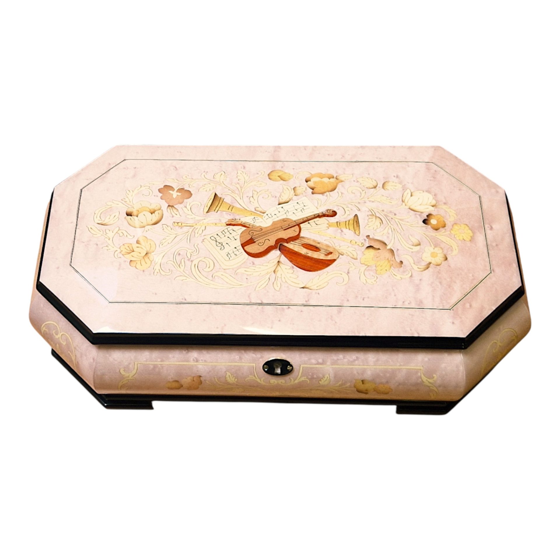 Large Handcrafted Wooden Pink Maple Burl Musical Jewellery Box with Marquetry Inlay - Image 7
