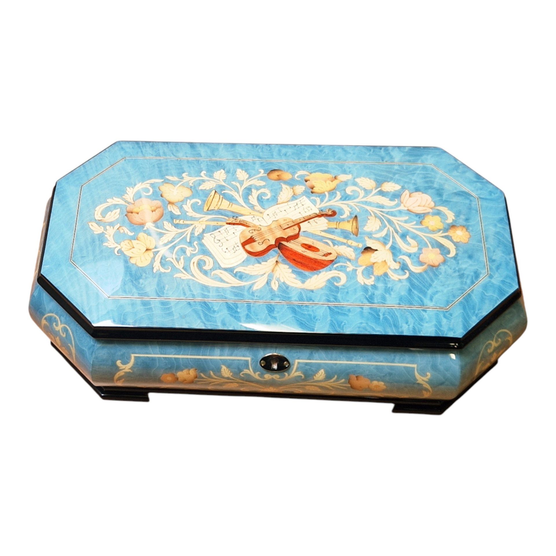 Large Handcrafted Wooden Blue Maple Burl Musical Jewellery Box with Marquetry Inlay - Image 10