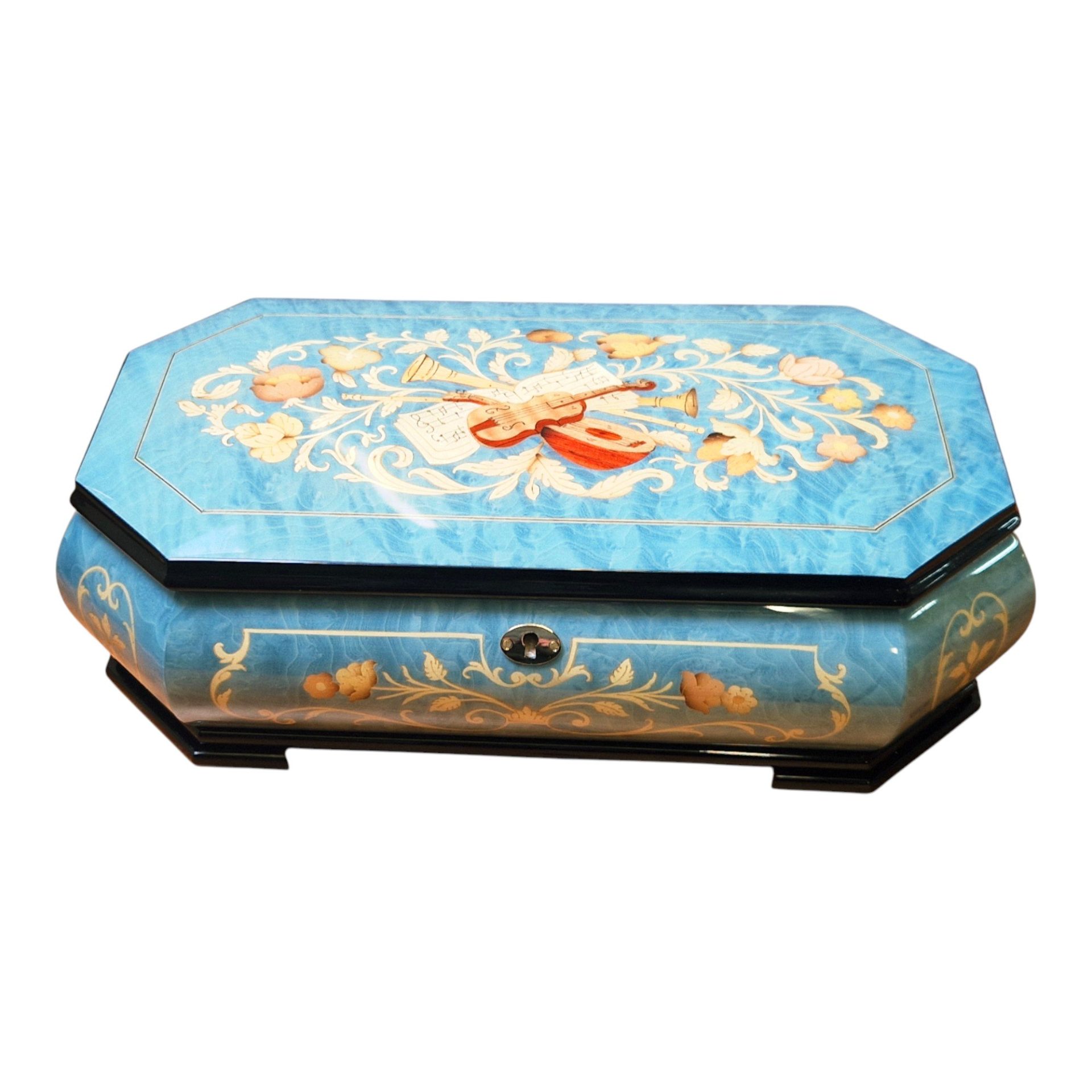Large Handcrafted Wooden Blue Maple Burl Musical Jewellery Box with Marquetry Inlay - Image 11