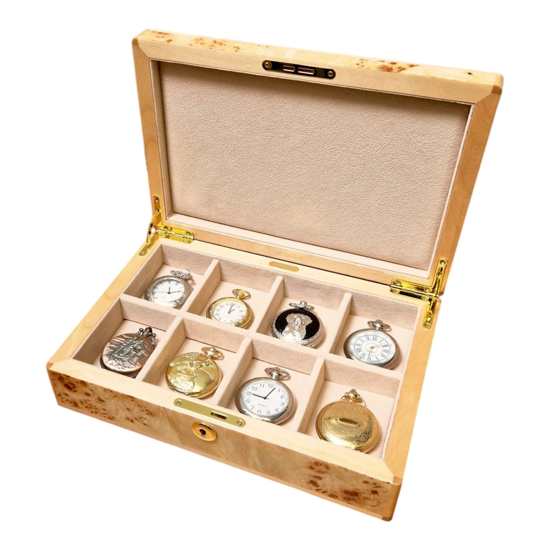 Maple Burl Wood 8 Pocket Watch Box with Lock