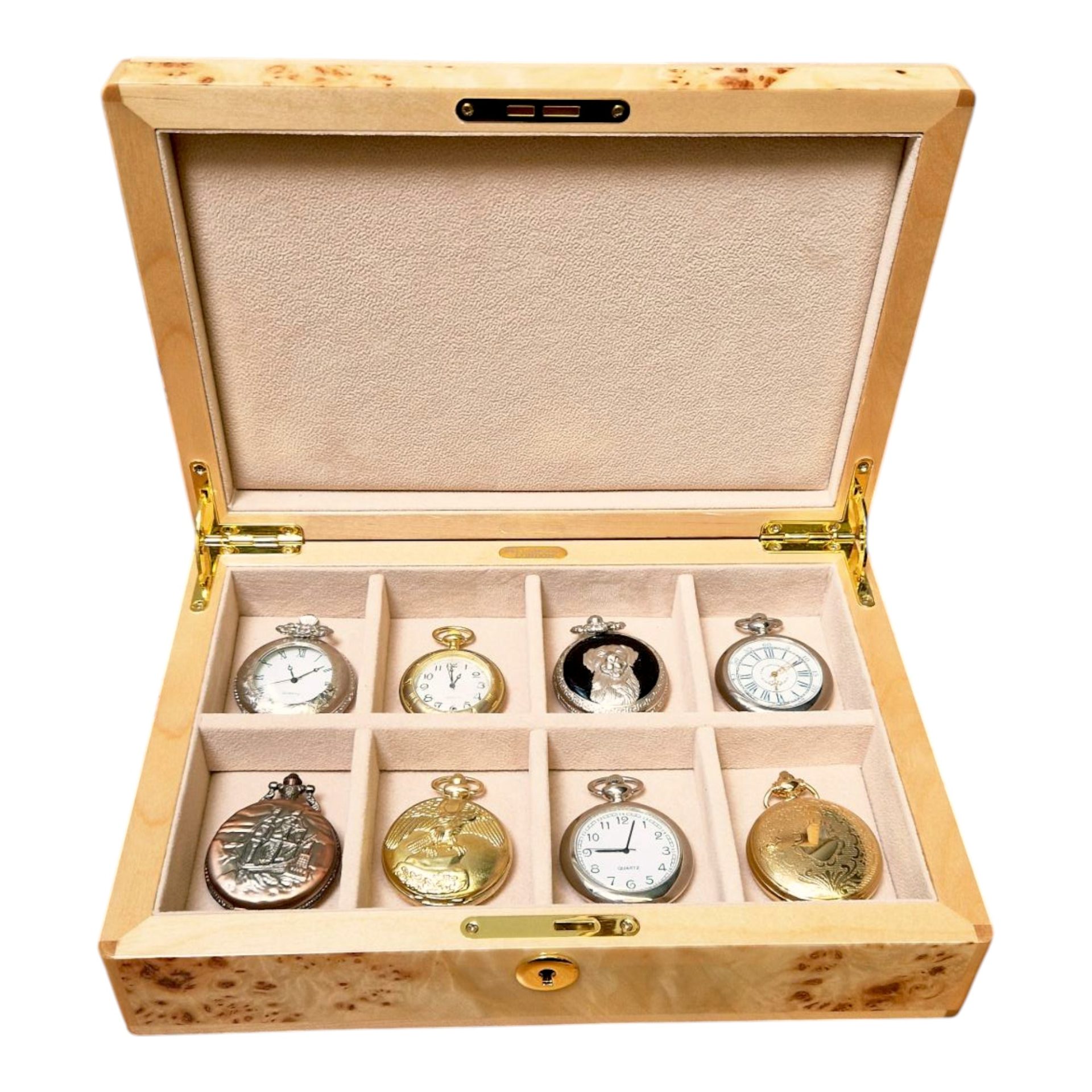 Maple Burl Wood 8 Pocket Watch Box with Lock - Image 3