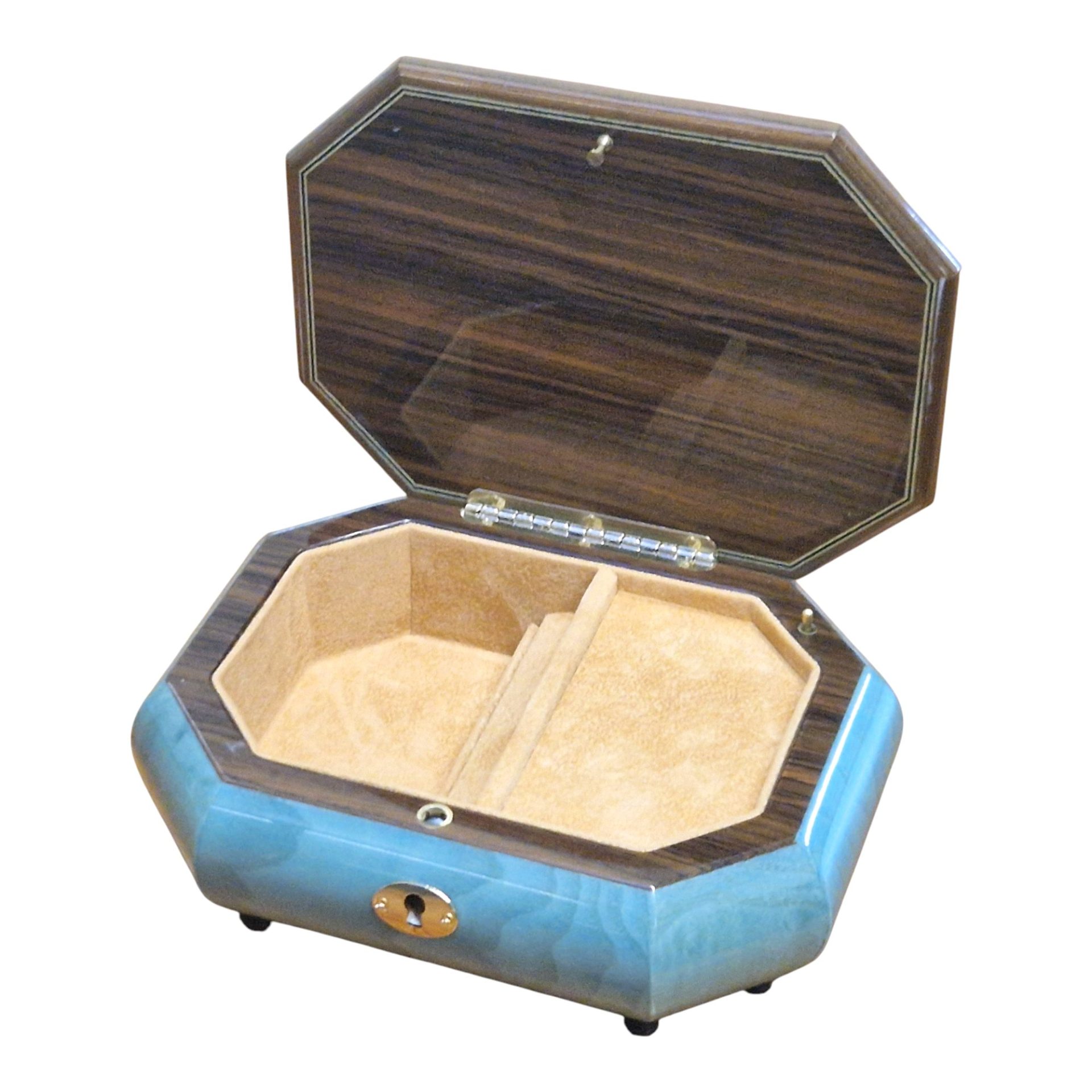 Handcrafted Wooden Blue Maple Burl Musical Jewellery Box with Marquetry Inlay - Image 2