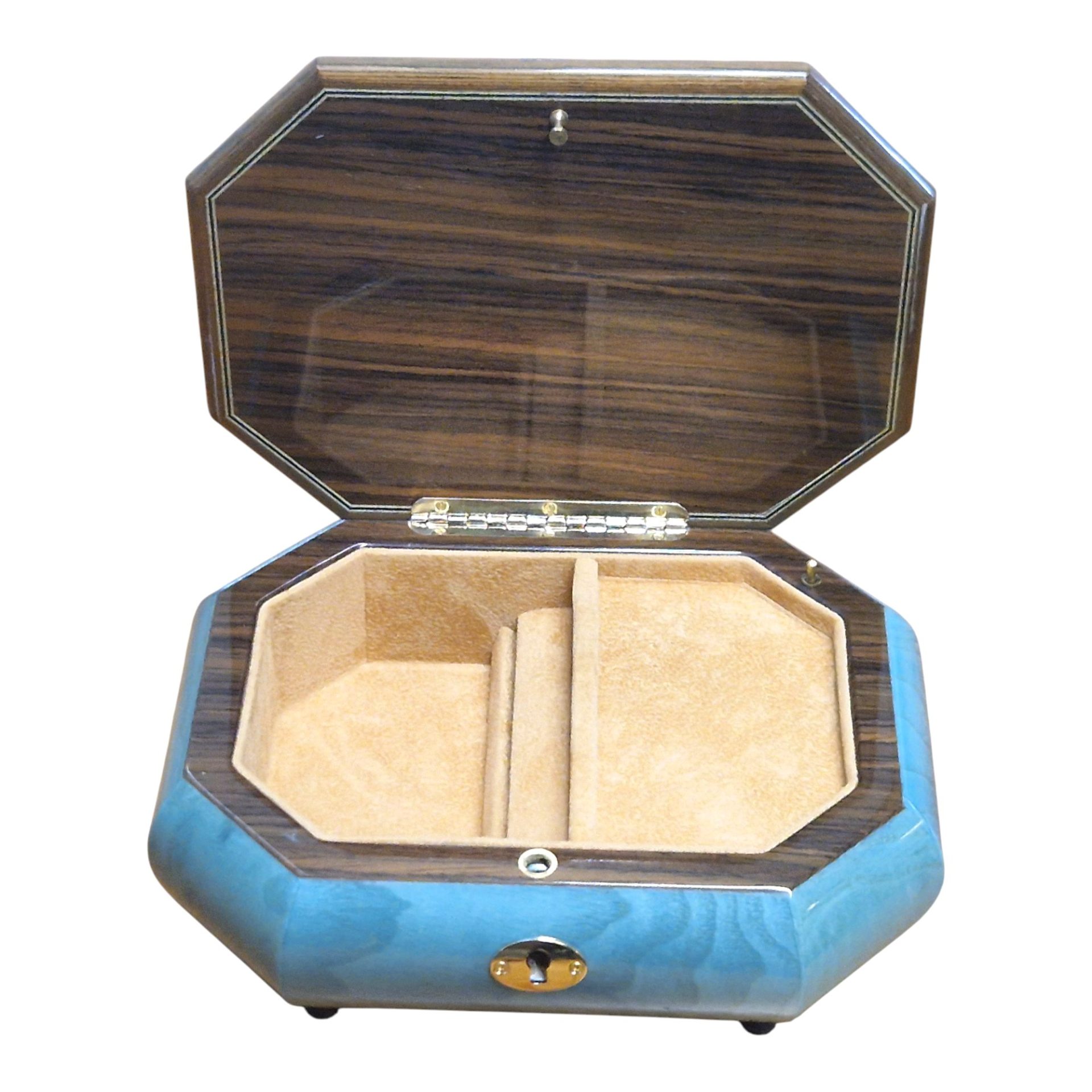 Handcrafted Wooden Blue Maple Burl Musical Jewellery Box with Marquetry Inlay - Image 4