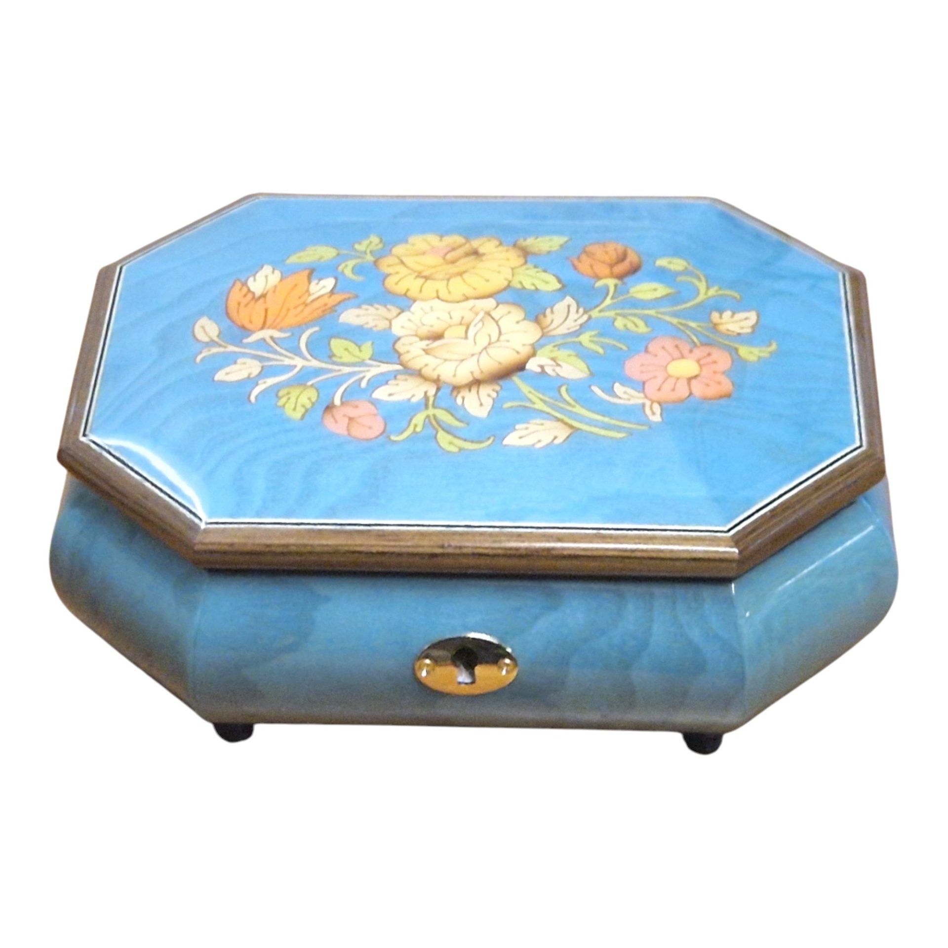 Handcrafted Wooden Blue Maple Burl Musical Jewellery Box with Marquetry Inlay - Image 5