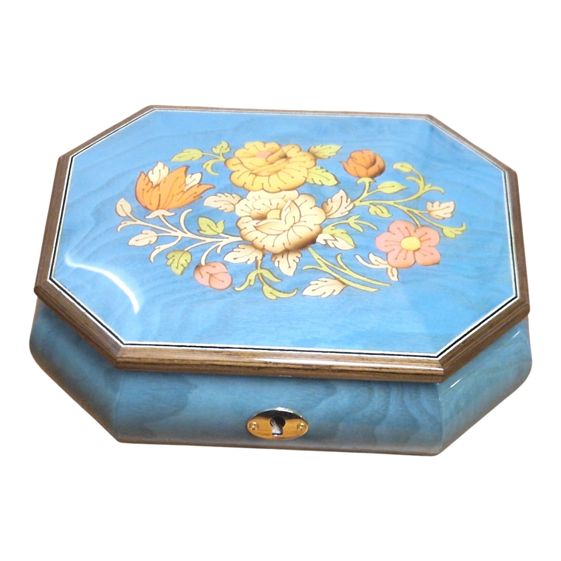 Handcrafted Wooden Blue Maple Burl Musical Jewellery Box with Marquetry Inlay - Image 3