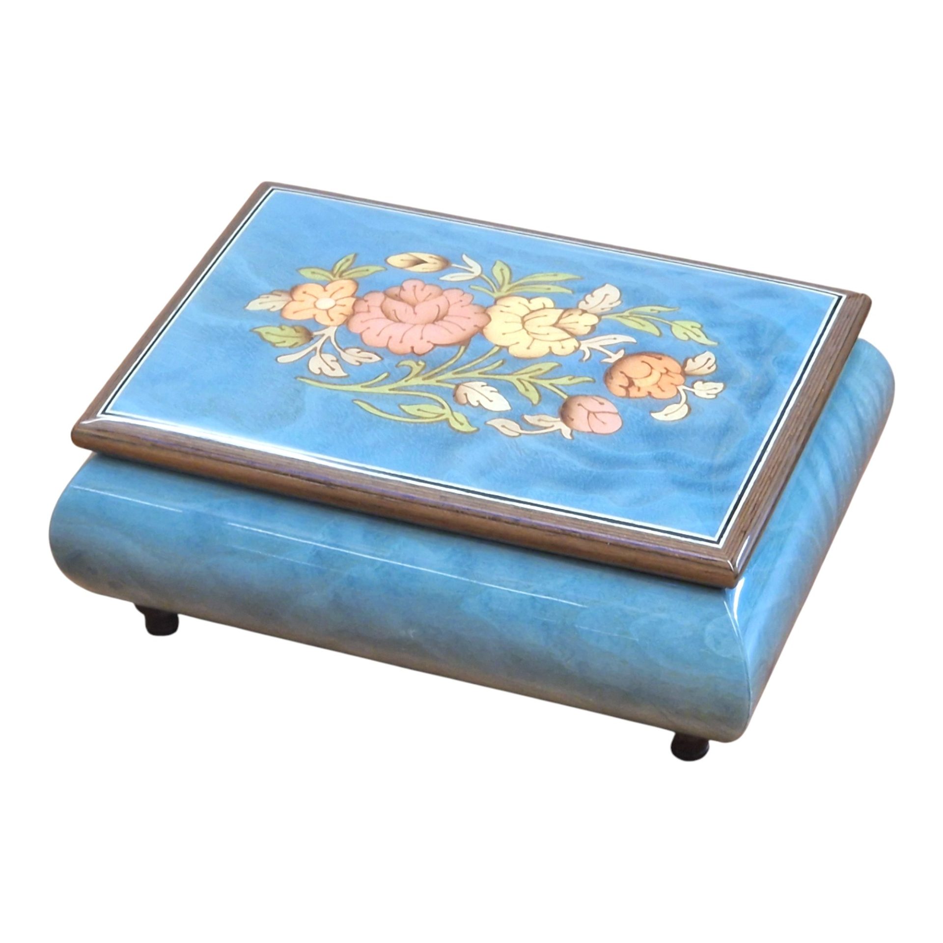 Handcrafted Wooden Blue Maple Burl Musical Jewellery Box with Marquetry Inlay