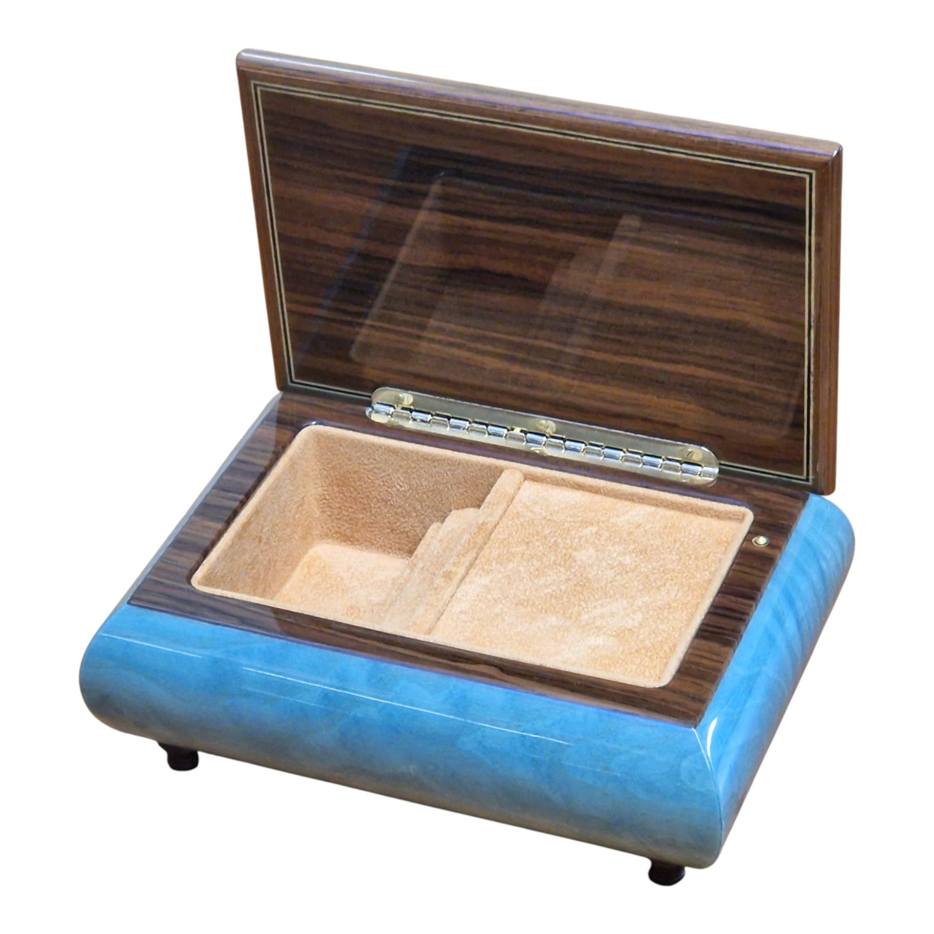 Handcrafted Wooden Blue Maple Burl Musical Jewellery Box with Marquetry Inlay - Image 2