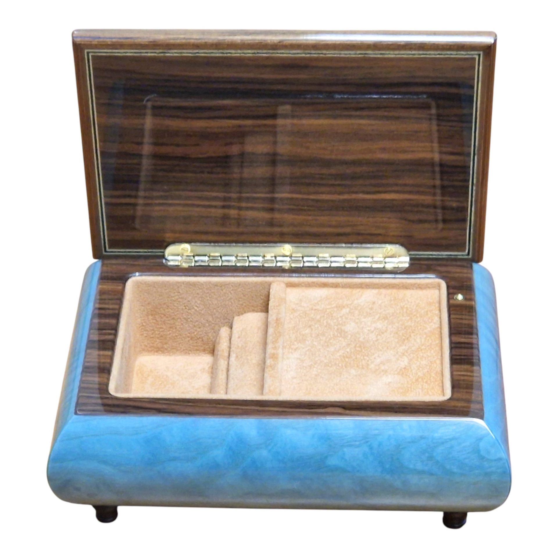Handcrafted Wooden Blue Maple Burl Musical Jewellery Box with Marquetry Inlay - Image 4