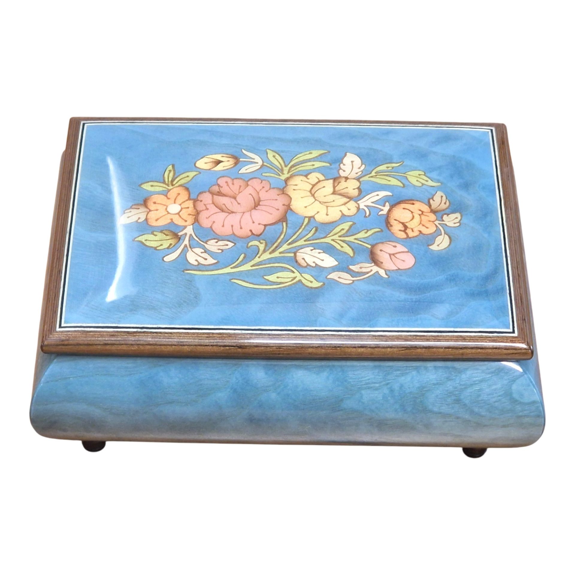 Handcrafted Wooden Blue Maple Burl Musical Jewellery Box with Marquetry Inlay - Image 3